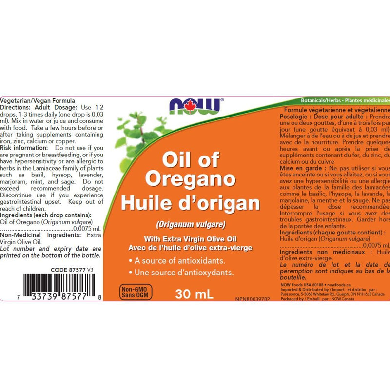 Now Oil of Oregano Nutrition Panel, 30ml - SupplementSource.ca