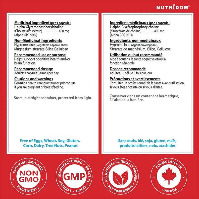 Nutridom Alpha GPC, 90 VCaps Nutrition Panel - SupplementSource.ca