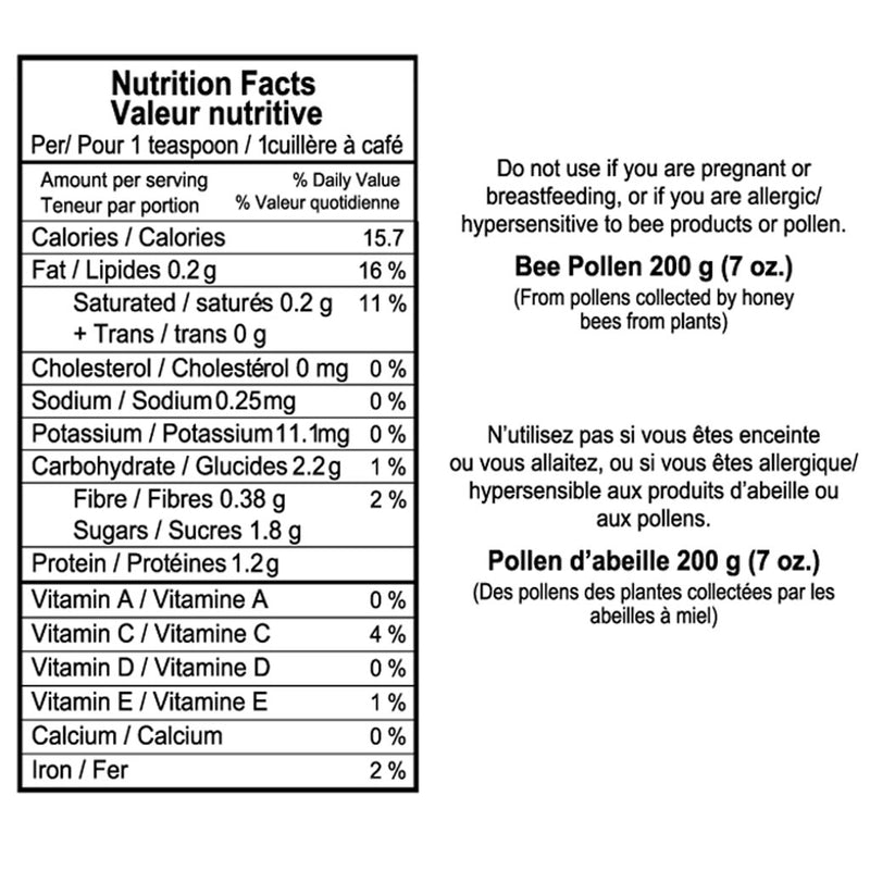 Nutridom Premium Bee Pollen Gold, 200g Nutrition Panel - SupplementSource.ca