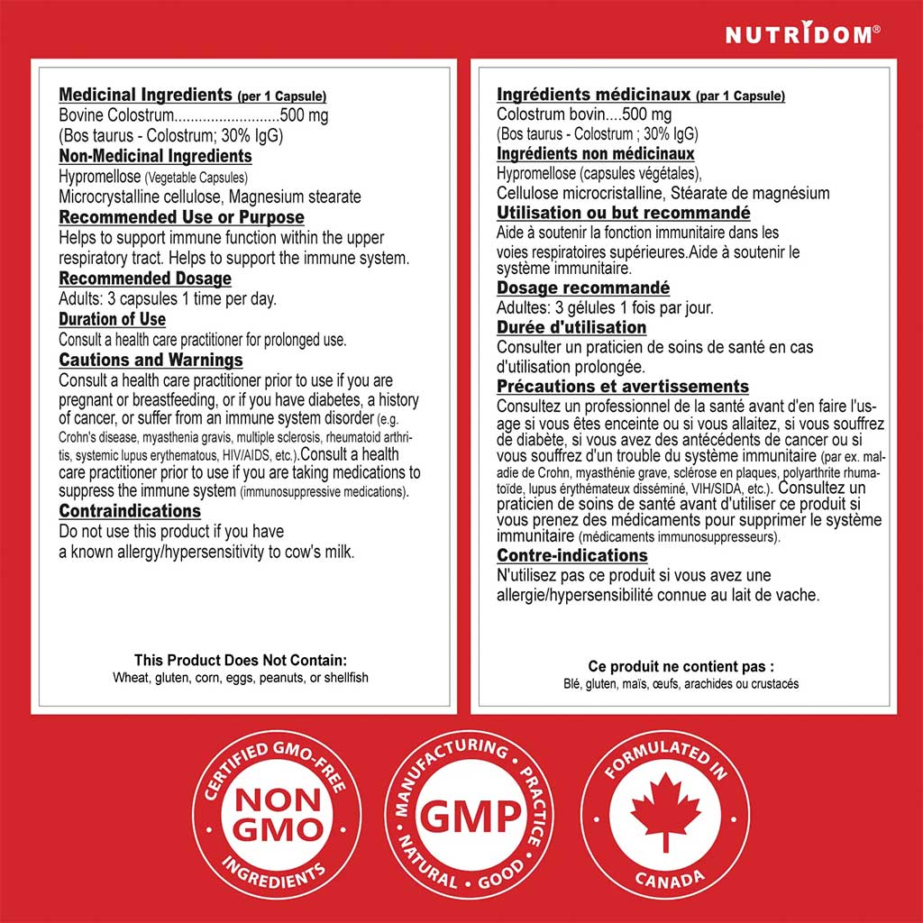 Nutridom Bovine Colostrum 500, 60 VCaps Nutrition Panel - SupplementSource.ca