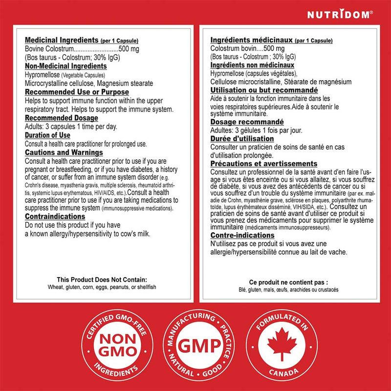 Nutridom Bovine Colostrum 500, 60 VCaps Nutrition Panel - SupplementSource.ca