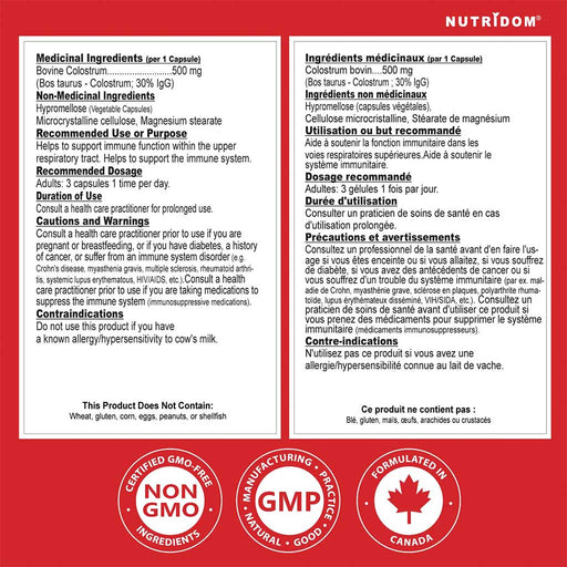 Nutridom Bovine Colostrum 500, 60 VCaps Nutrition Panel - SupplementSource.ca