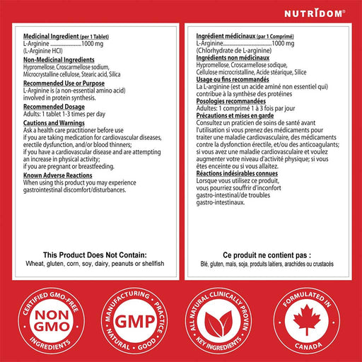 Nutridom L-Arginine, 120 Tablets Nutrition Panel - SupplementSource.ca