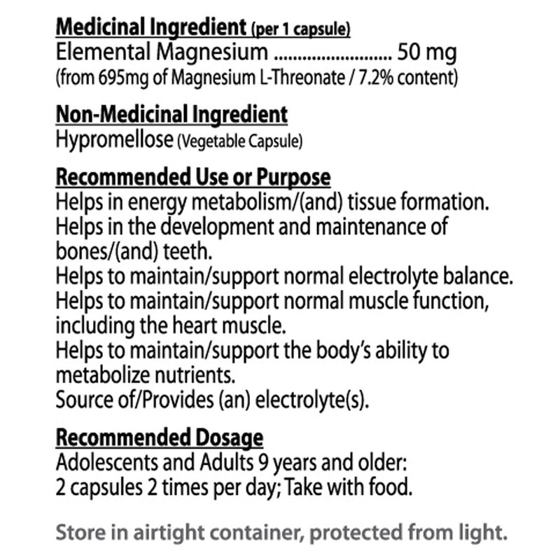 Nutridom Magnesium L-Threonate, 120 VCaps Nutrition Panel - SupplementSource.ca