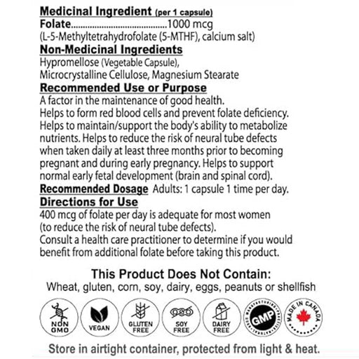 Nutridom Methyl Folate 1000, 90 VCaps Nutrition Panel - SupplementSource.ca