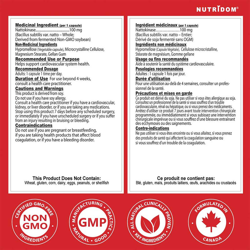 Nutridom Nattokinase, 100mg, 60 VCaps Nutrition Panel - SupplementSource.ca
