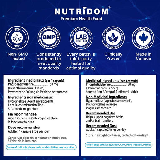 Nutridom PS-150 (Phosphatidylserine), 60 VCaps Nutrition Panel - SupplementSource.ca