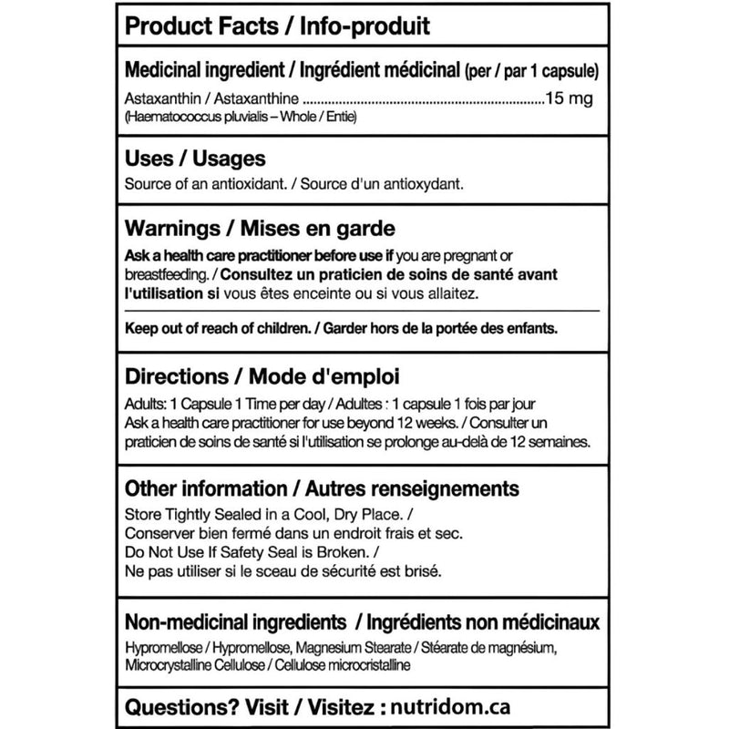 Nutridom Astaxanthin 15mg 60 Vegan Capsules Nutrition Facts - SupplementSource.ca