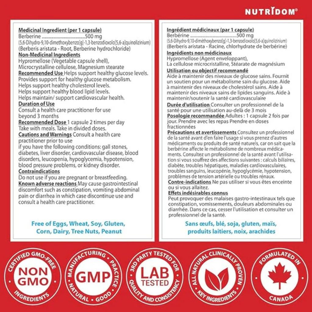 Nutridom BERBERINE 1000, 120 VCaps Nutrition Panel - SupplementSource.ca