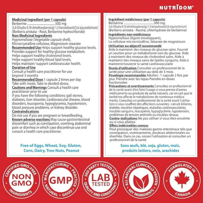 Nutridom BERBERINE 1000, 120 VCaps Nutrition Panel - SupplementSource.ca