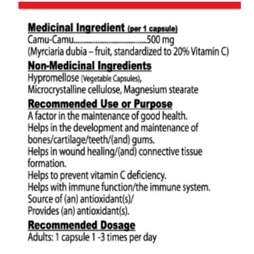 Nutridom Camu Camu 500 Nutrition Panel, 120 VCaps - SupplementSource.ca