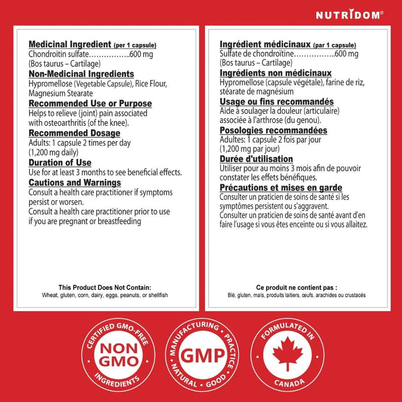 Nutridom Chondroitin 1200mg, 60 VCaps Nutrition Panel - SupplementSource.ca