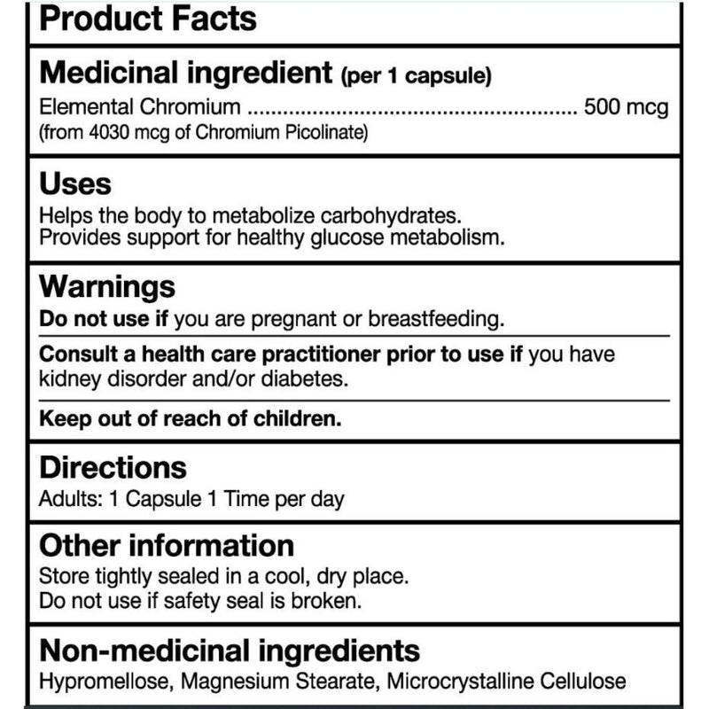 Nutridom Chromium Picolinate Nutrition Panel, 150 VCaps - SupplementSource.ca