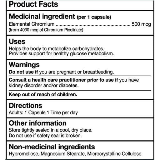 Nutridom Chromium Picolinate Nutrition Panel, 150 VCaps - SupplementSource.ca