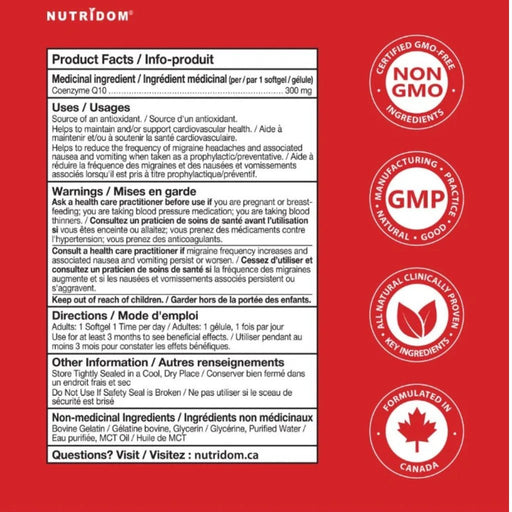 Nutridom CoQ10 300, 60 Softgels Nutrition Panel - SupplementSource.ca