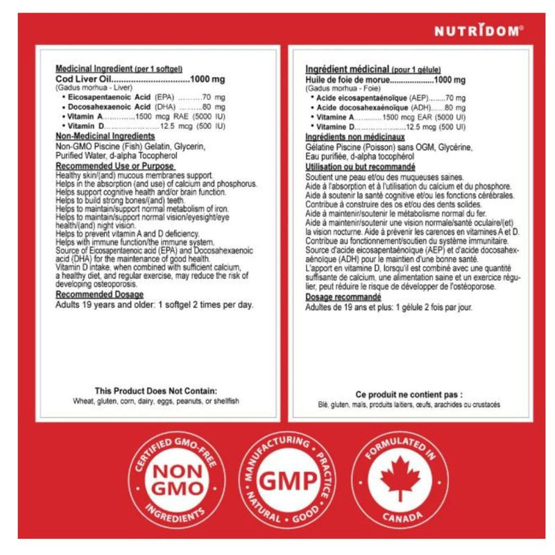 Nutridom Atlantic Cod Liver Oil, 120 softgels Nutrition Panel - SupplementSource.ca