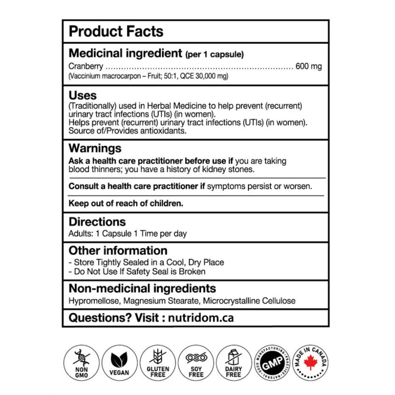 Nutridom Cranberry 50x 30000mg 180 VCaps Nutrition Panel - SupplementSource.ca