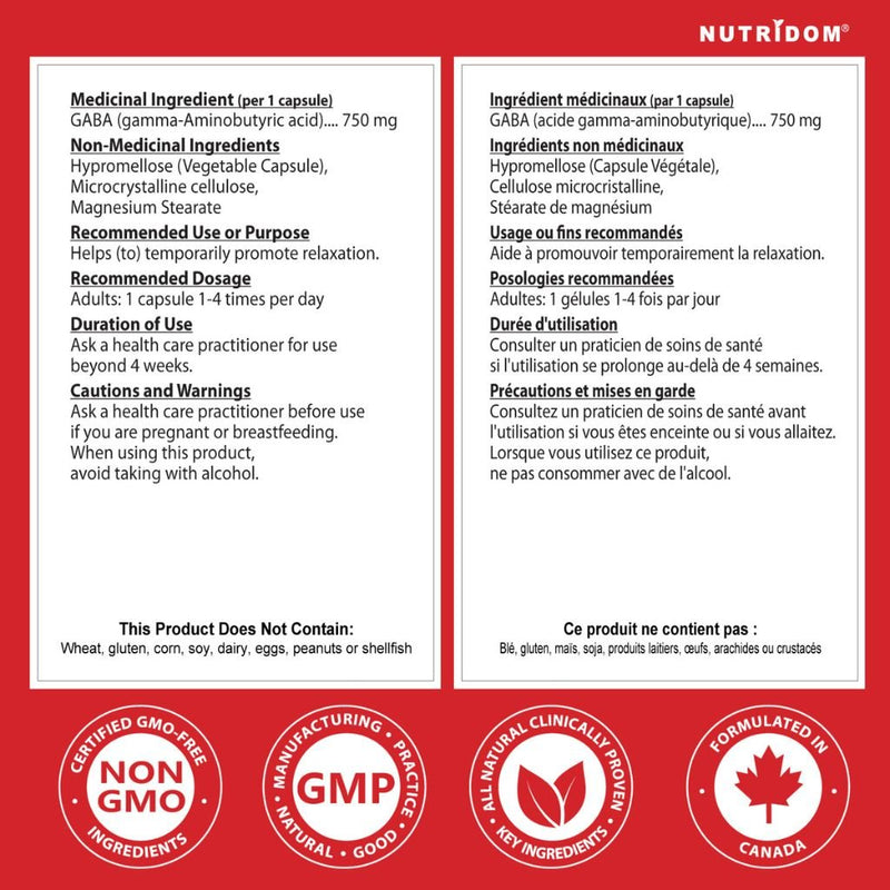 Nutridom Gaba 750 Nutritional Panel - SupplementSource.ca