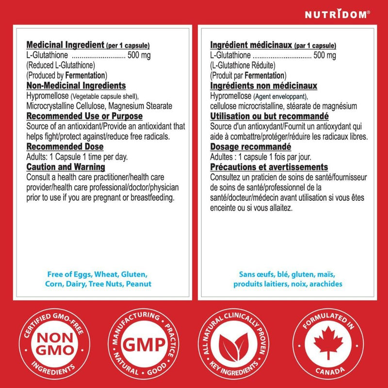 Nutridom L-GLUTATHIONE 500mg, 60 VCaps Nutrition Panel - SupplementSource.ca
