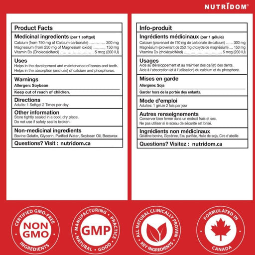 Nutridom LIQUID CAL-MAG-VIT D Nutrition Panel, 1000mg, 120 Softgels - SupplementSource.ca 