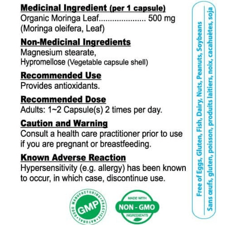 Nutridom Moringa Leaf 120 VCaps Nutrition Panel - SupplementSource.ca