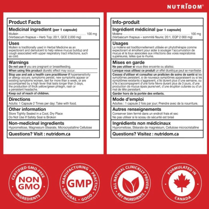 Nutridom Mullein 2000mg Nutrition Panel, 120 VCaps - SupplementSource.ca