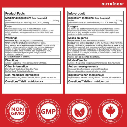 Nutridom Mullein 2000mg Nutrition Panel, 120 VCaps - SupplementSource.ca