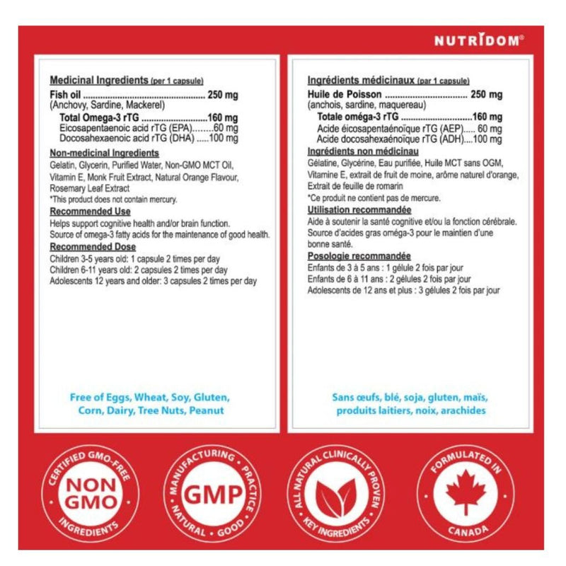 Nutridom Kids Omega3, 120 softgels Nutrition Panel - SupplementSource.ca
