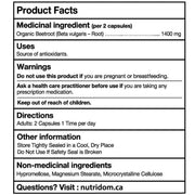 Nutridom Organic Beetroot 1400mg Nutrition Panel, 180 VCaps - SupplementSource.ca