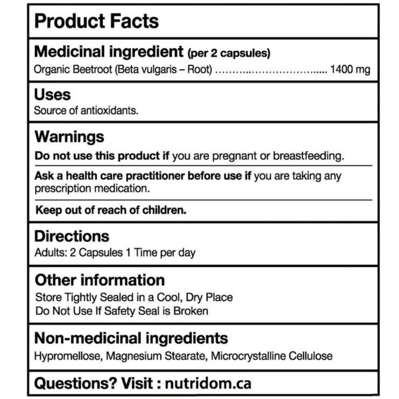 Nutridom Organic Beetroot 1400mg Nutrition Panel, 180 VCaps - SupplementSource.ca