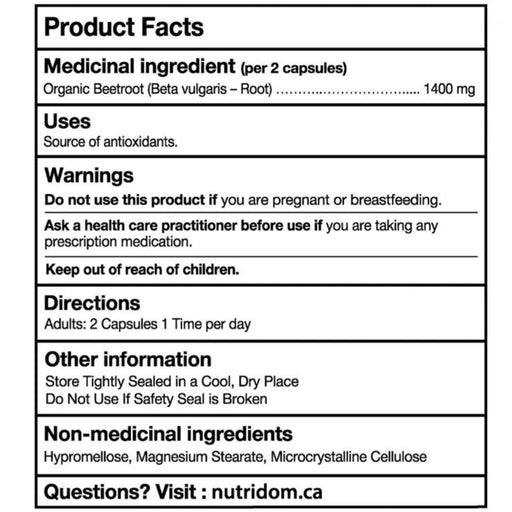Nutridom Organic Beetroot 1400mg Nutrition Panel, 180 VCaps - SupplementSource.ca