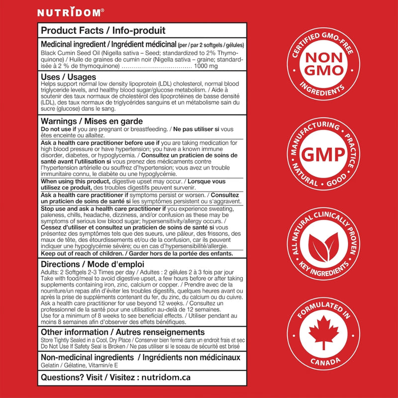 Nutridom Organic Black Seed Oil 500 mg, 120 Softgels Nutrition Panel - SupplementSource.ca