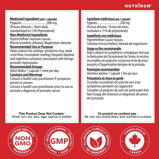 Nutridom Pygeum200, 120 VCaps Nutrition Facts - SupplementSource.ca