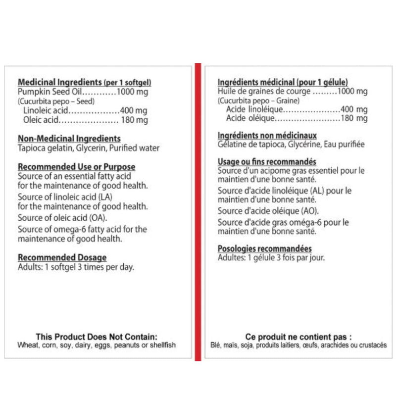 Nutridom Pumpkin Seed Oil, 90 VCaps Nutrition Panel - SupplementSource.ca