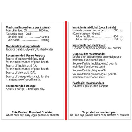 Nutridom Pumpkin Seed Oil, 90 VCaps Nutrition Panel - SupplementSource.ca