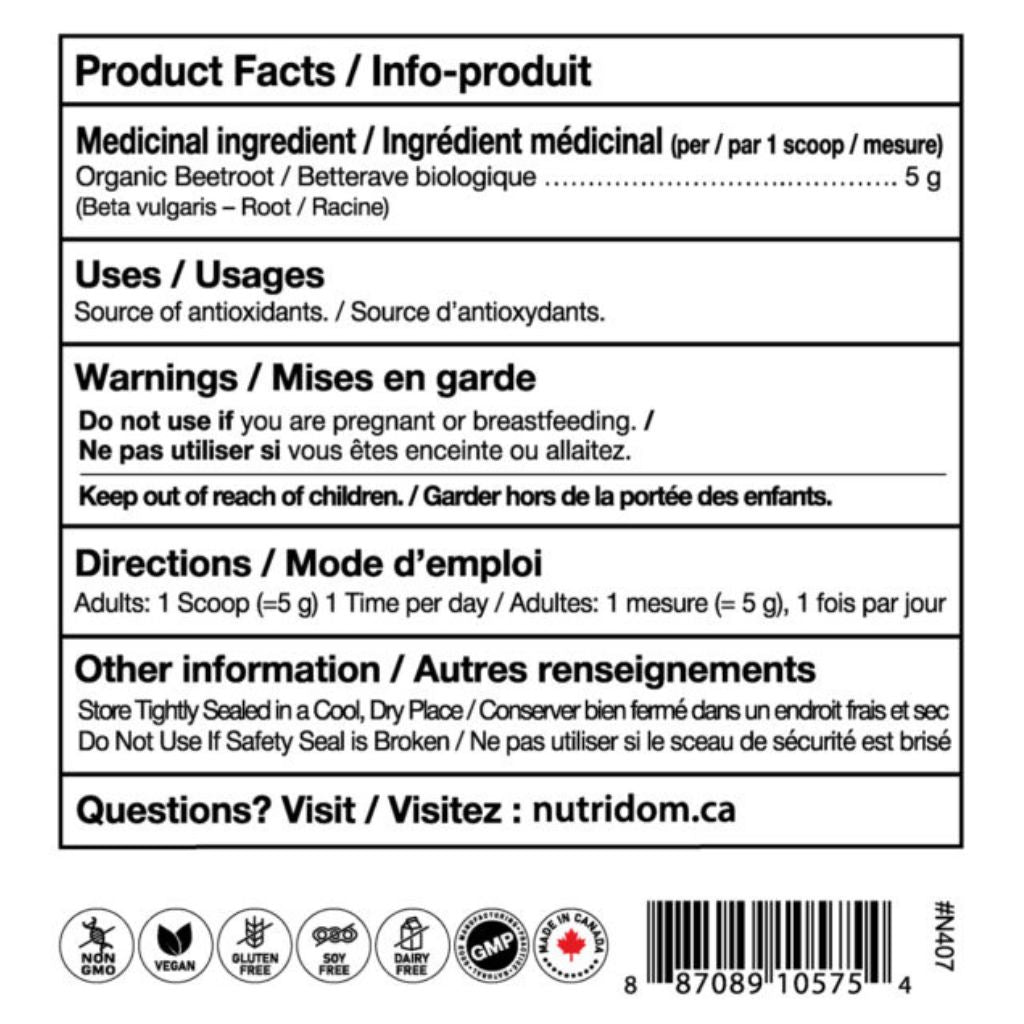 Nutridom Organic Red Beet Root Powder, 454g Nutrition Facts - SupplementSource.ca