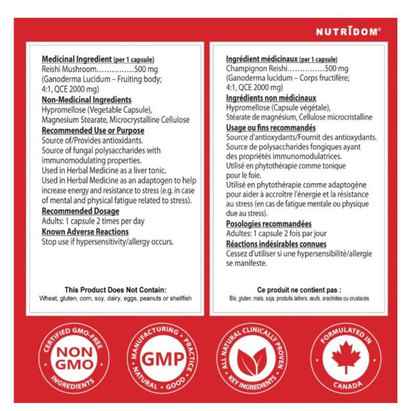 Nutridom Reishi Mushroom Extract 4X, 120 VCaps Nutrition Panel - SupplementSource.ca