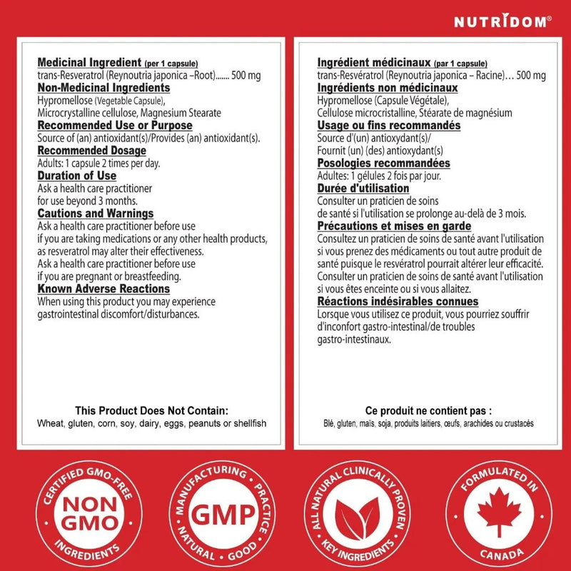 Nutridom Resveratrol 500 Nutrition Panel, 60 VCaps - SupplementSource.ca