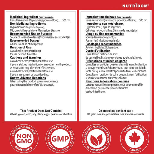 Nutridom Resveratrol 500 Nutrition Panel, 60 VCaps - SupplementSource.ca