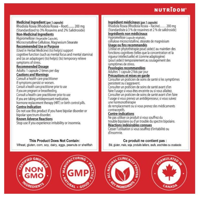 Nutridom Rhodiola Nutrition Panel, 200mg, 60 VCaps - SupplementSource.ca