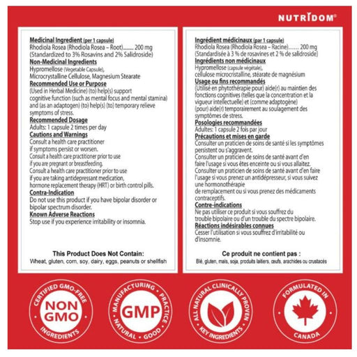 Nutridom Rhodiola Nutrition Panel, 200mg, 60 VCaps - SupplementSource.ca
