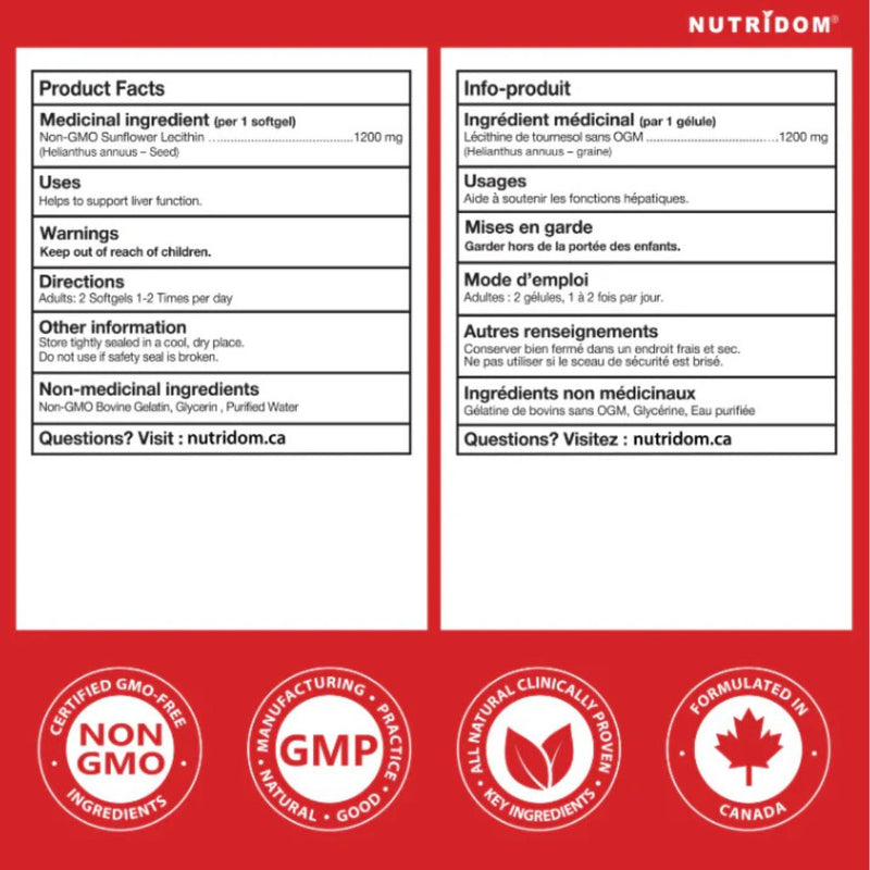 Nutridom Sunflower Lecithin 1200mg, 120 Softgels Nutrition Facts - SupplementSource.ca