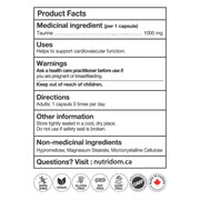 Nutridom Taurine 1000mg, 300 VCaps Nutrition Panel - SupplementSource.ca
