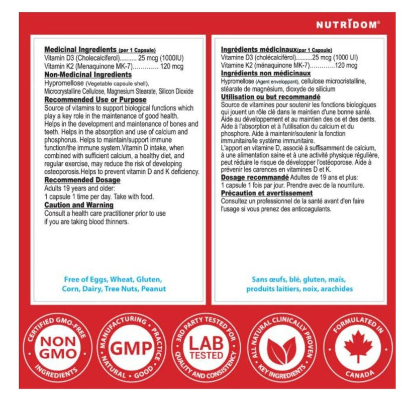 Nutridom Vitamin D3+K2, Vegan 120 VCaps Nutrition Panel - SupplementSource.ca