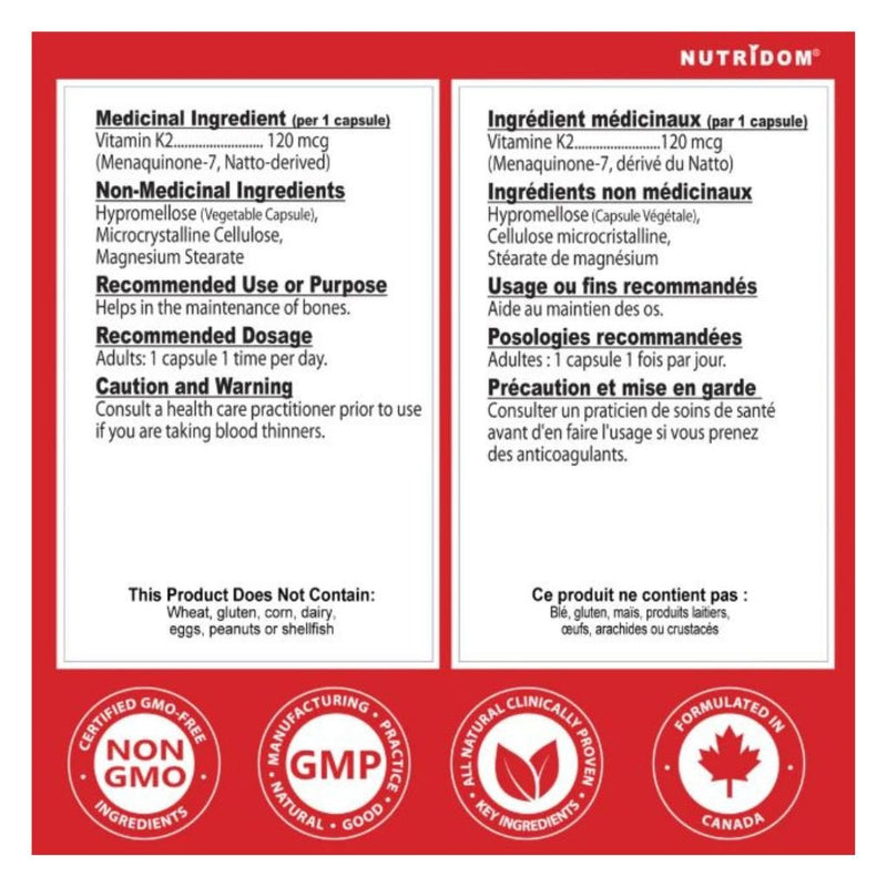 Nutridom Vitamin K2, 120 VCaps Nutrition Panel - SupplementSource.ca