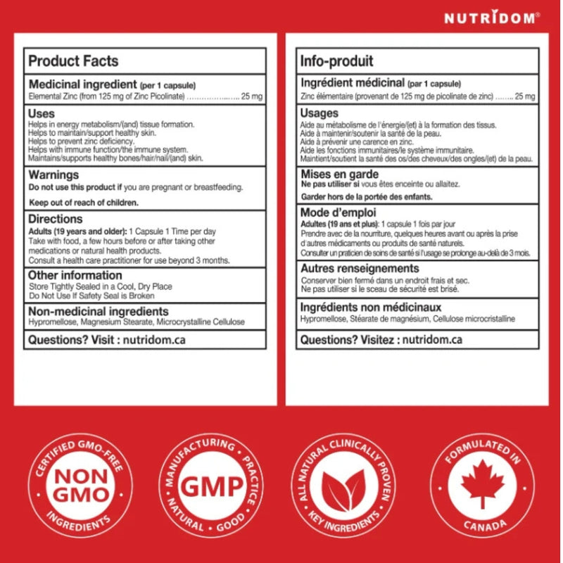 Nutridom Zinc Picolinate 25mg, 180 VCaps Nutrition Panel - SupplementSource.ca