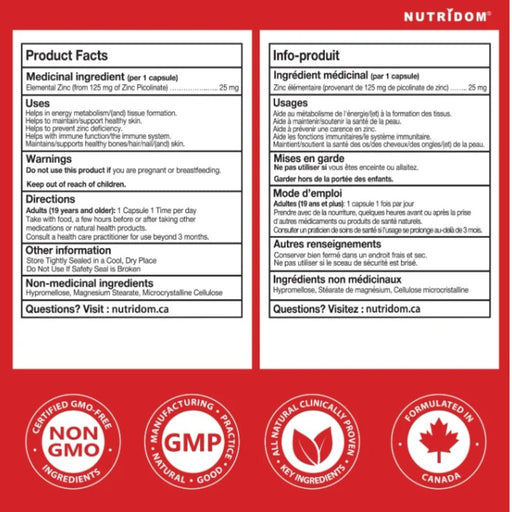 Nutridom Zinc Picolinate 25mg, 180 VCaps Nutrition Panel - SupplementSource.ca