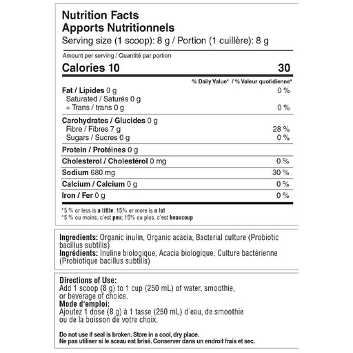 Nutrione Prebiotic + Probiotic Drink Mix, 40 Servings Unflavoured Nutrition Panel - SupplementSource.ca