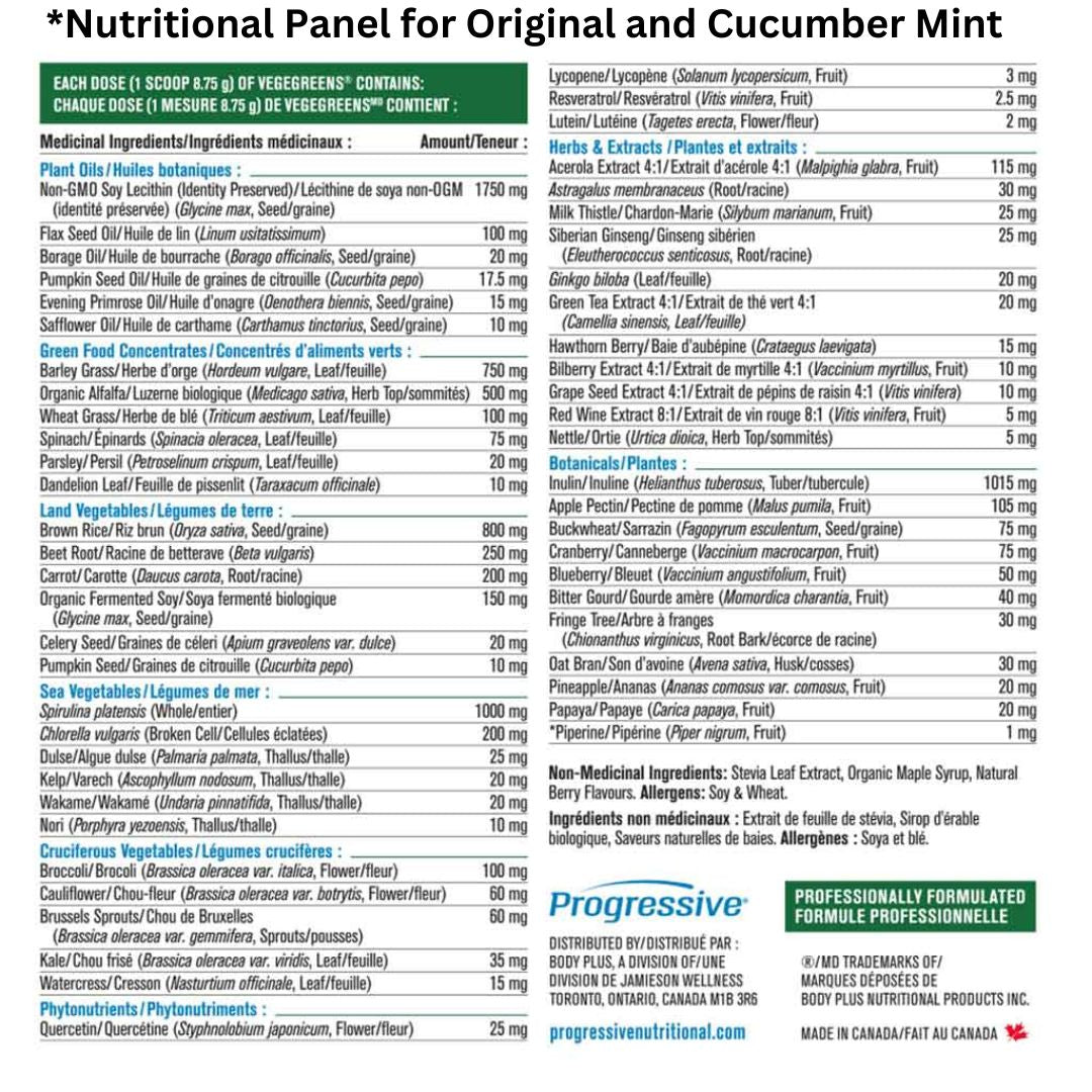 Progressive VEGEGREENS, Original and Cucumber Nutrition Panel - SupplementSource.ca