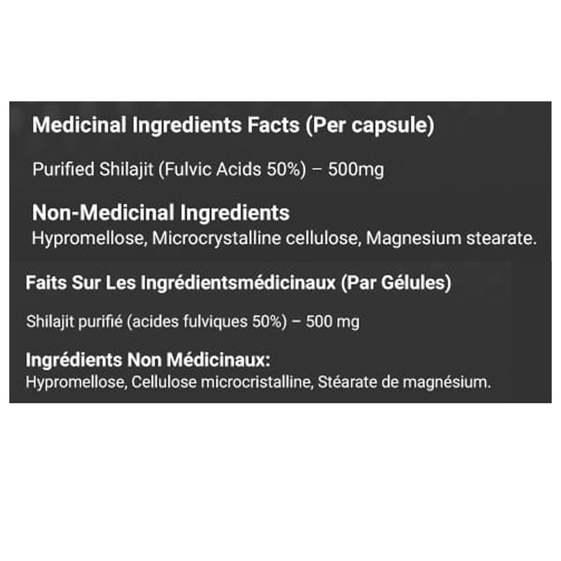 Nutrametix Pure Himalayan Shilajit, 60 Capsules Nutrition Panel - SupplementSource.ca